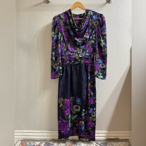Vintage 80s/90s Blue Purple Silk Floral Midi Faux Wrap Dress Women's XS/Small